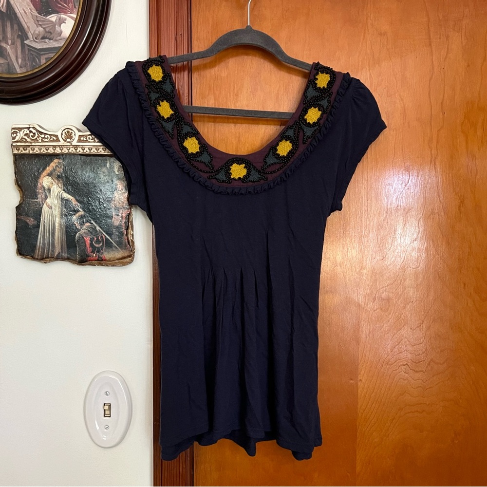 anthropologie tee shirt with beaded neckline detail